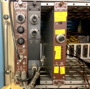 Detection electronics modules. Amplifier on the left, SCA in the middle and the NIM-Duino (counter/ratemeter) on the right.