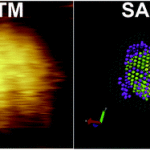 STM image of "stripy nanoparticles" and structure retrieved from SANS data.  Reproduced from DOI: 10.1039/C3SC52595C with permission requested from The Royal Society of Chemistry on November 15, 2014.