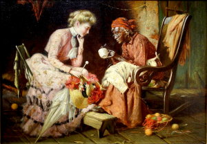 "Reading Tea Leaves", Harry Herman Rosel, 1906  public domain image. source: https://commons.wikimedia.org/wiki/File:Reading_Tea_Leaves_by_Harry_Herman_Roseland,_1906,_oil_on_canvas_-_New_Britain_Museum_of_American_Art_-_DSC09351.JPG