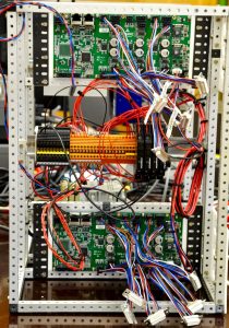 Head-on view of the two motor controllers, and some (still) messy wiring. 