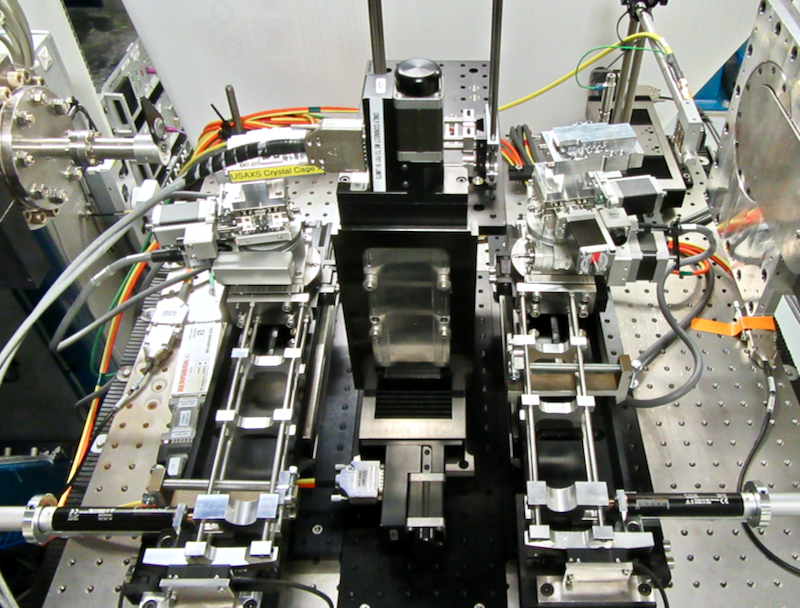 The USAXS platform as viewed from the rear, with the synchrotron beam going from left to right. The arms, actuators and encoder strips are clearly visible.